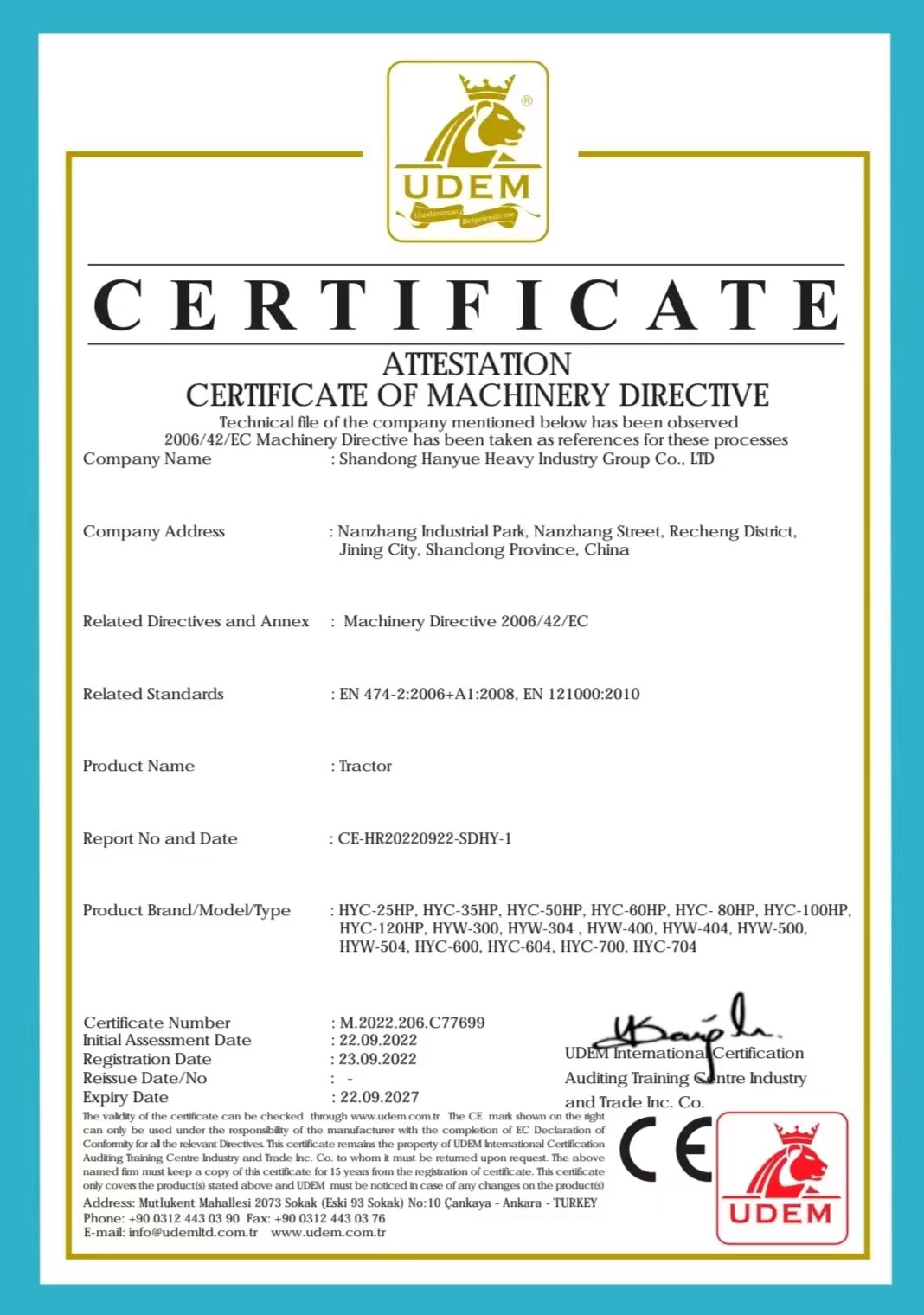 Chiny Shandong Hanyue Heavy Industry Group Co., Ltd. Certyfikaty