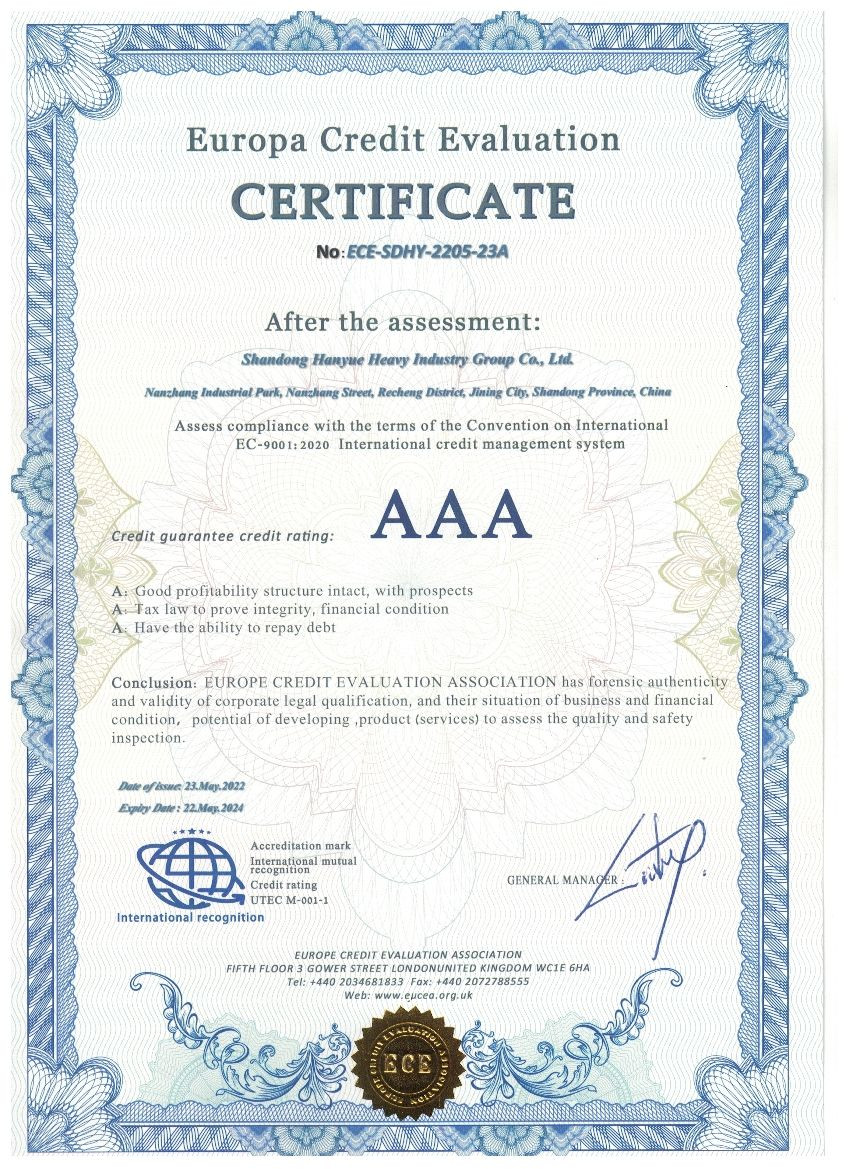 Chiny Shandong Hanyue Heavy Industry Group Co., Ltd. Certyfikaty